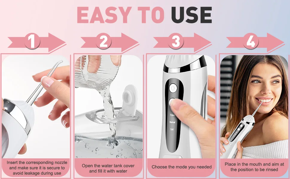 Professional Portable Cordless Water Flosserfor Teeth, Rechargeable Oral Irrigator with 3 Modes IPX6 Waterproof 4 Dental Nozzles
