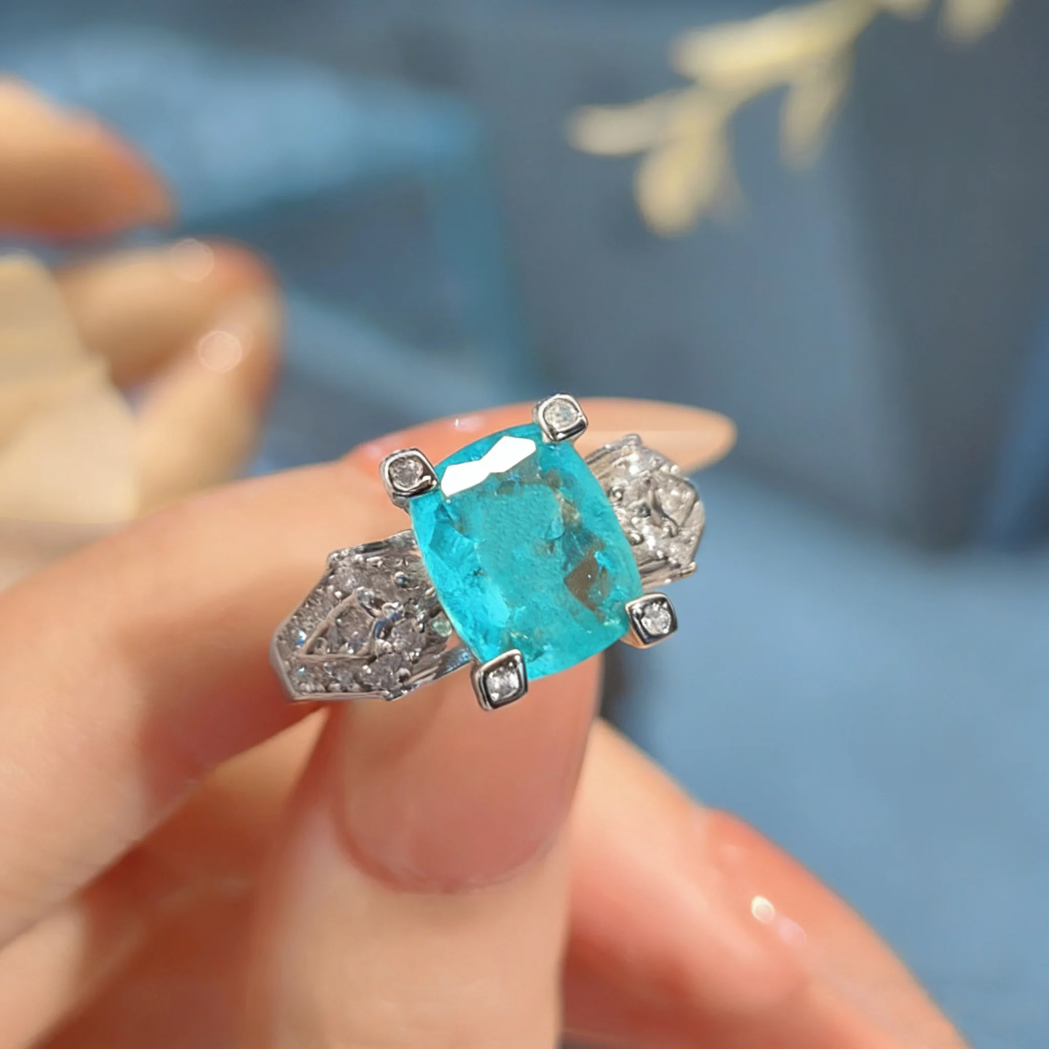 Stylish 925 Sterling Silver Paraiba Tourmaline Ring, Niche Design, Pillow-Shaped Gemstone Open Ring for Women