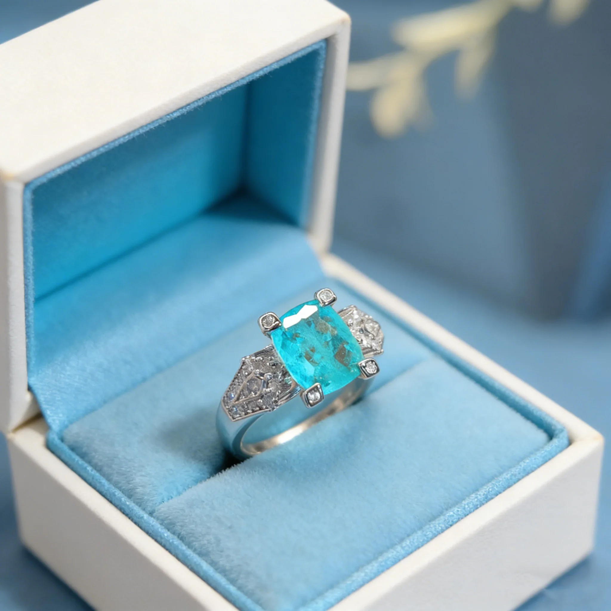 Stylish 925 Sterling Silver Paraiba Tourmaline Ring, Niche Design, Pillow-Shaped Gemstone Open Ring for Women