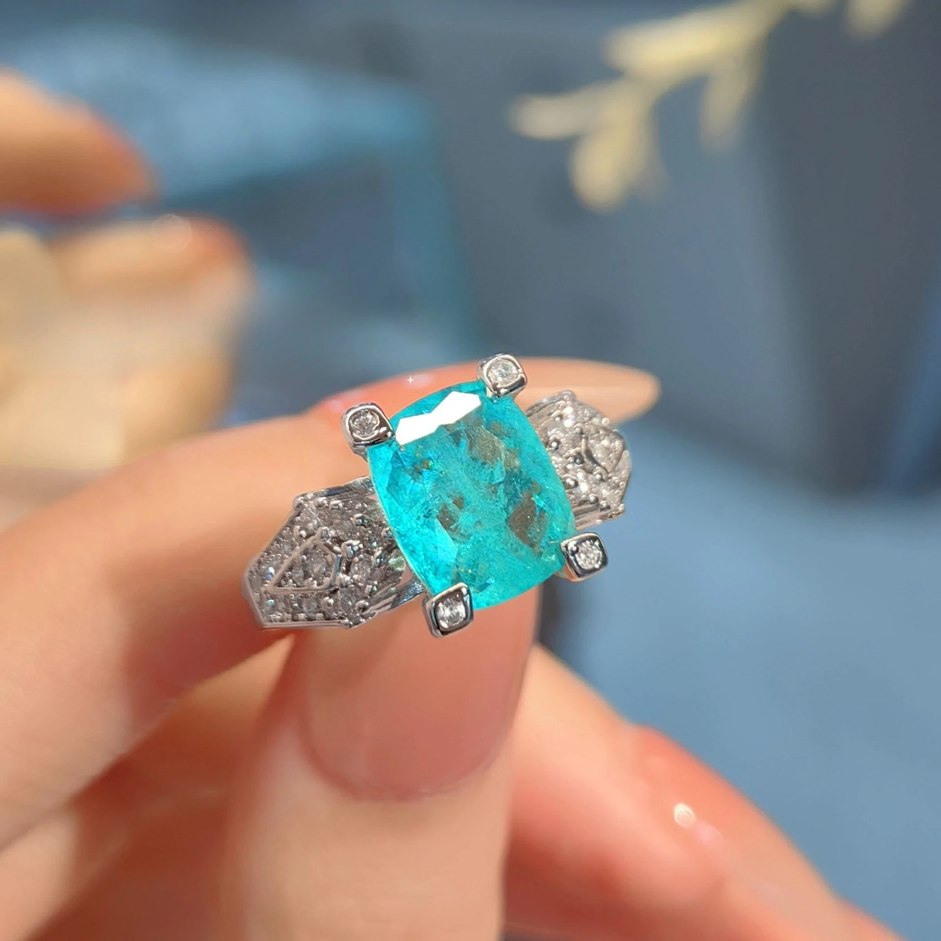 Stylish 925 Sterling Silver Paraiba Tourmaline Ring, Niche Design, Pillow-Shaped Gemstone Open Ring for Women