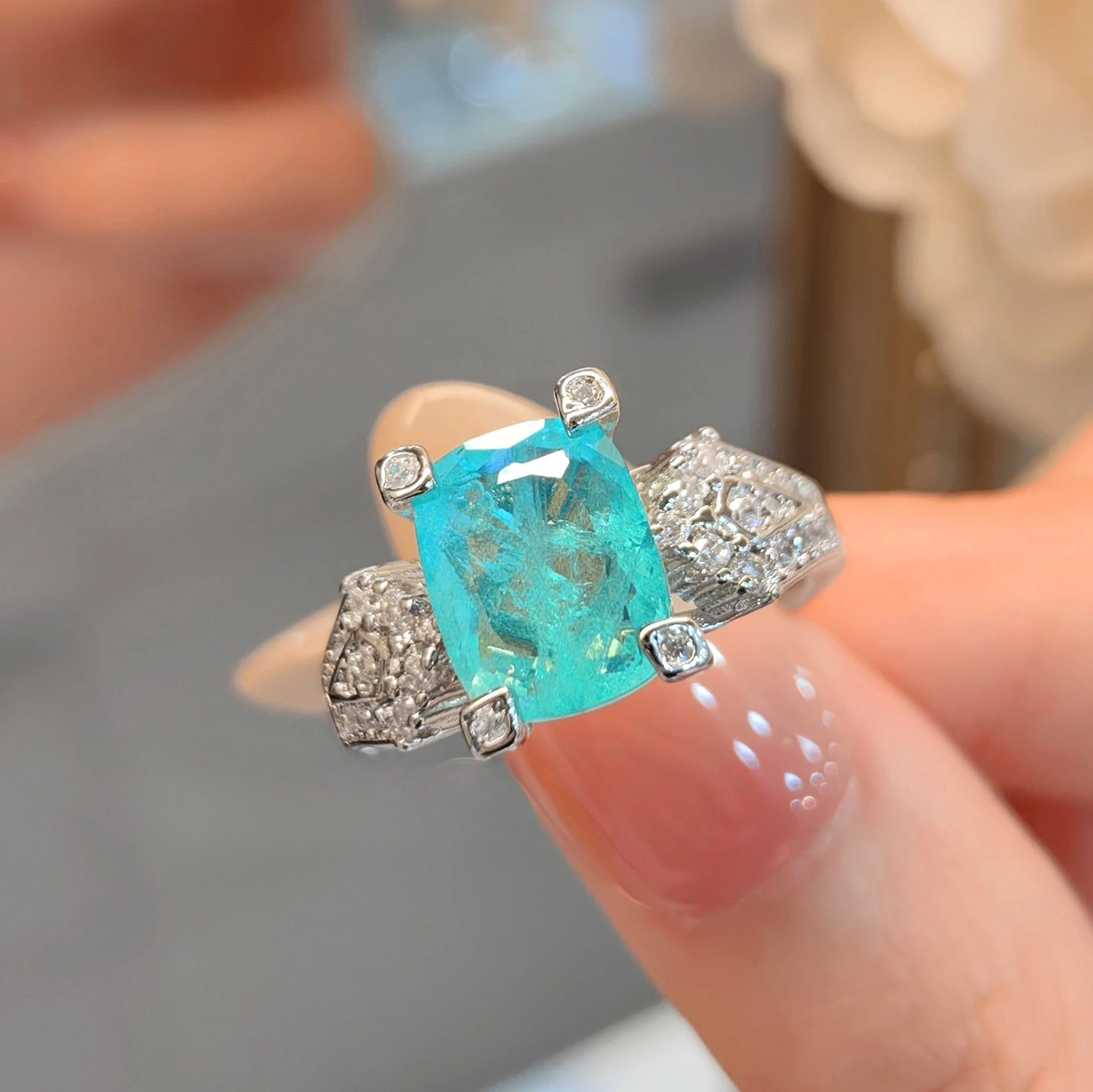 Stylish 925 Sterling Silver Paraiba Tourmaline Ring, Niche Design, Pillow-Shaped Gemstone Open Ring for Women