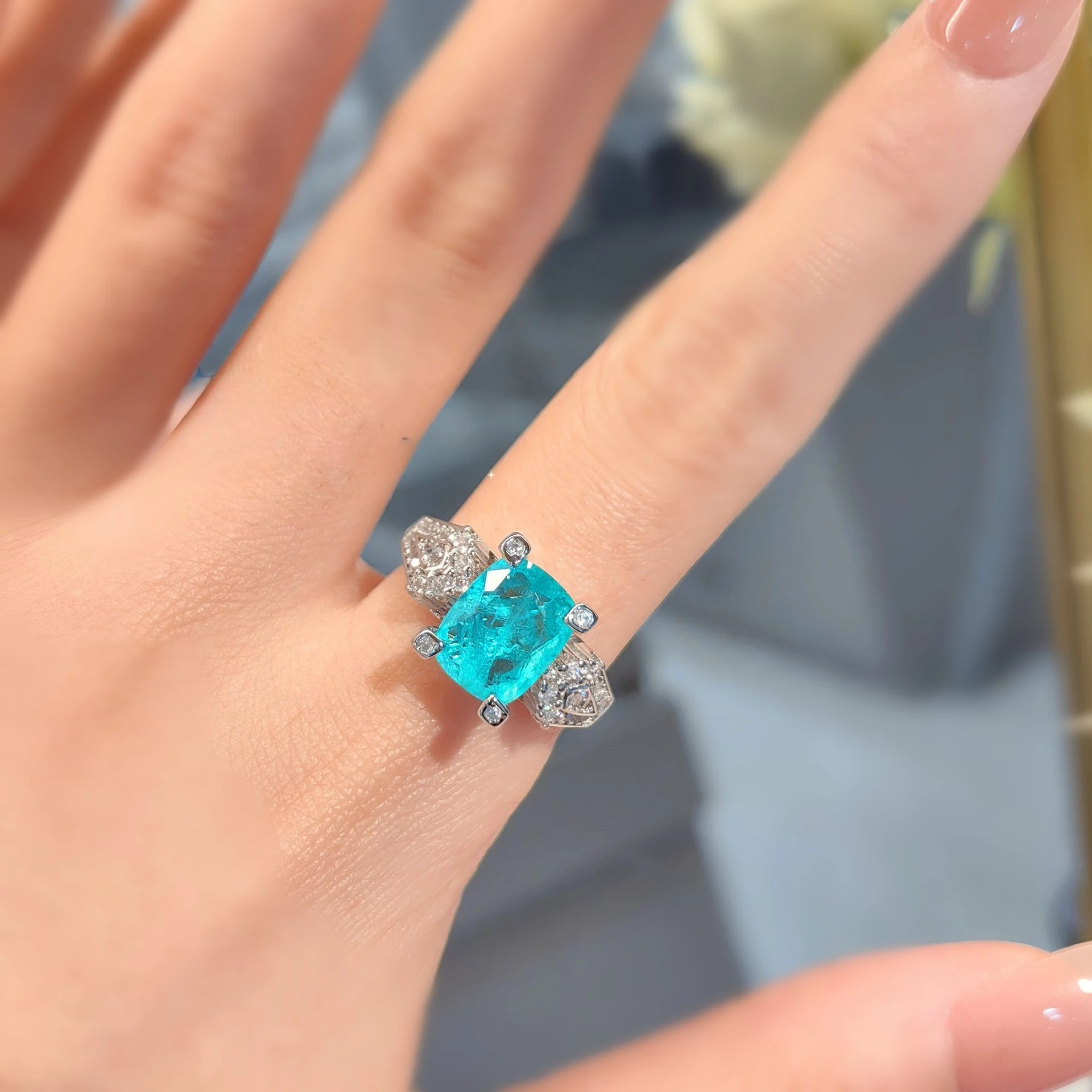 Stylish 925 Sterling Silver Paraiba Tourmaline Ring, Niche Design, Pillow-Shaped Gemstone Open Ring for Women