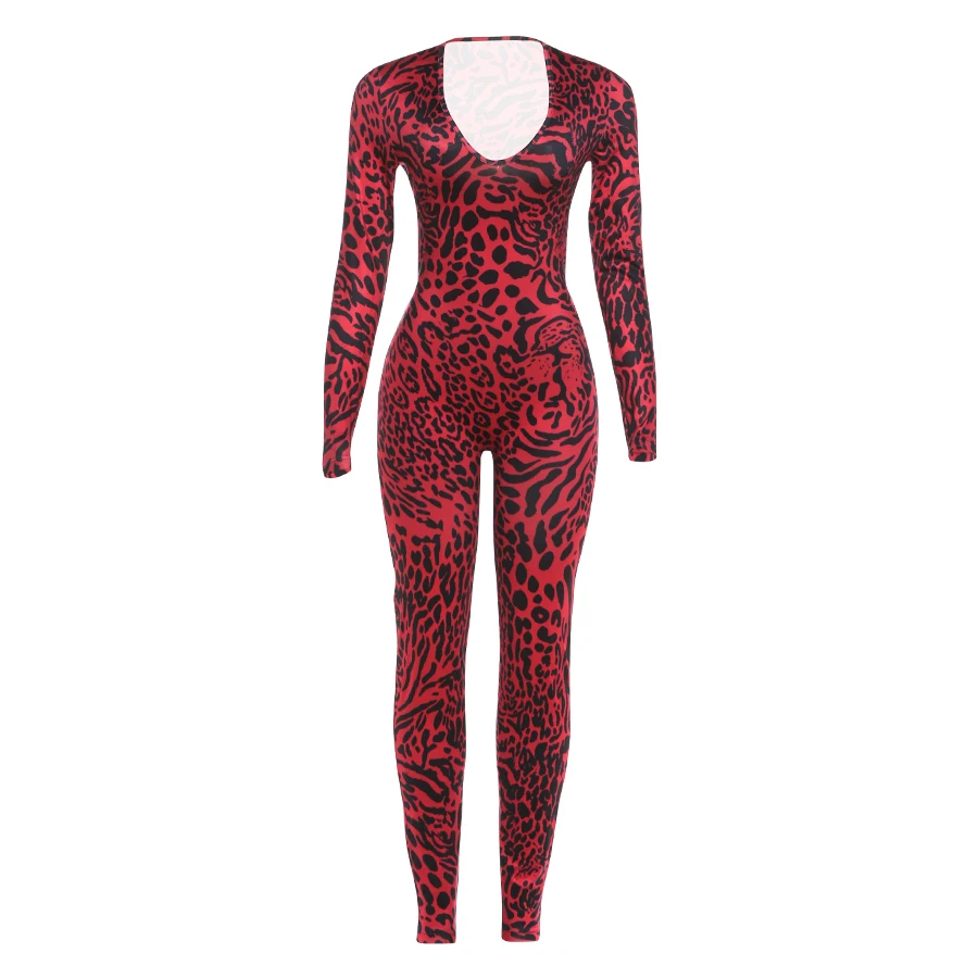 Kliou Leopard Print Jumpsuits Woman Low-Neck Full Sleeve Hollow Waistless Design Hot Girls High Street Fashion Style Overalls