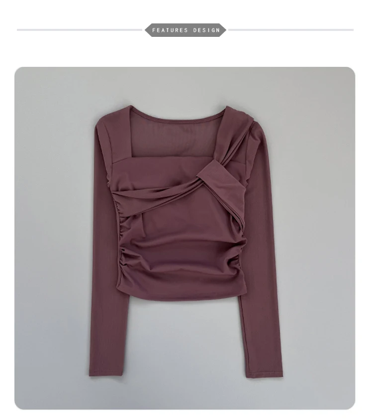Women Square Neck Mesh Long Sleeve Yoga Top Shoulder Twist Side Ruched Soft Breathable Fitness Sports Tee ****