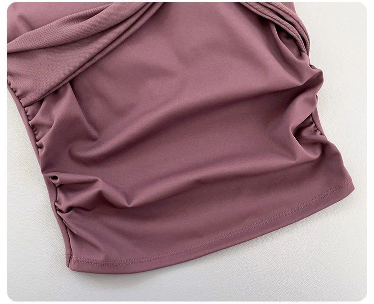 Women Square Neck Mesh Long Sleeve Yoga Top Shoulder Twist Side Ruched Soft Breathable Fitness Sports Tee ****