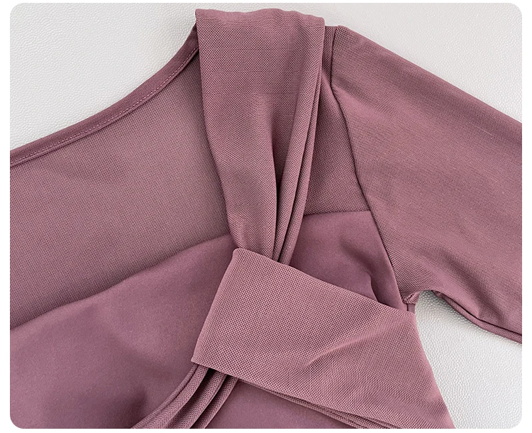 Women Square Neck Mesh Long Sleeve Yoga Top Shoulder Twist Side Ruched Soft Breathable Fitness Sports Tee ****