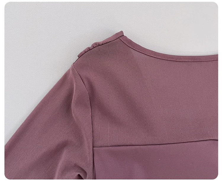 Women Square Neck Mesh Long Sleeve Yoga Top Shoulder Twist Side Ruched Soft Breathable Fitness Sports Tee ****