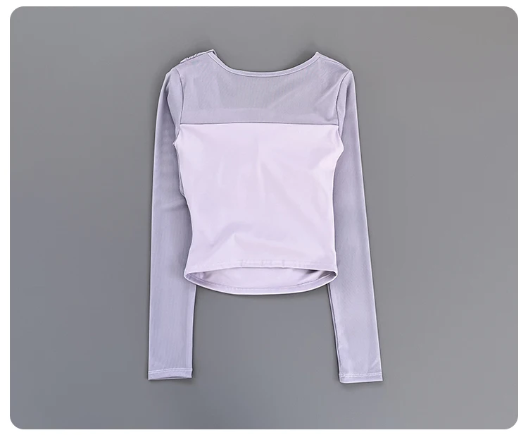Women Square Neck Mesh Long Sleeve Yoga Top Shoulder Twist Side Ruched Soft Breathable Fitness Sports Tee ****