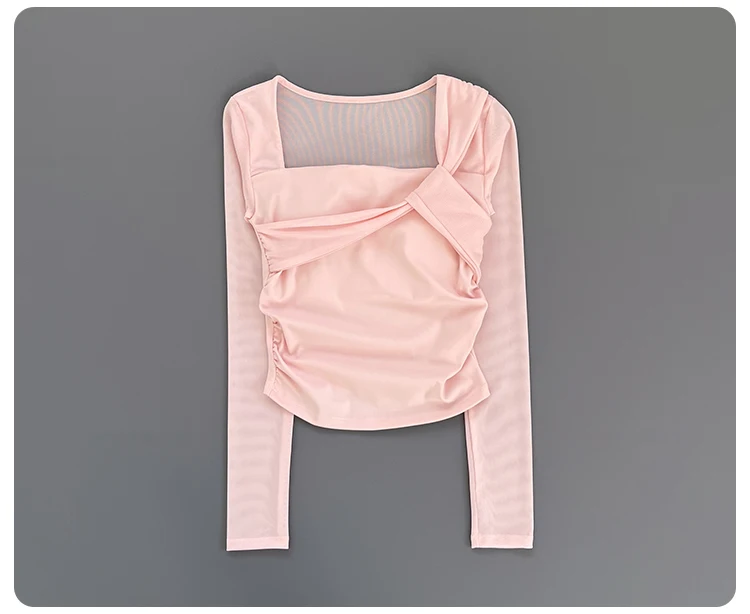 Women Square Neck Mesh Long Sleeve Yoga Top Shoulder Twist Side Ruched Soft Breathable Fitness Sports Tee ****