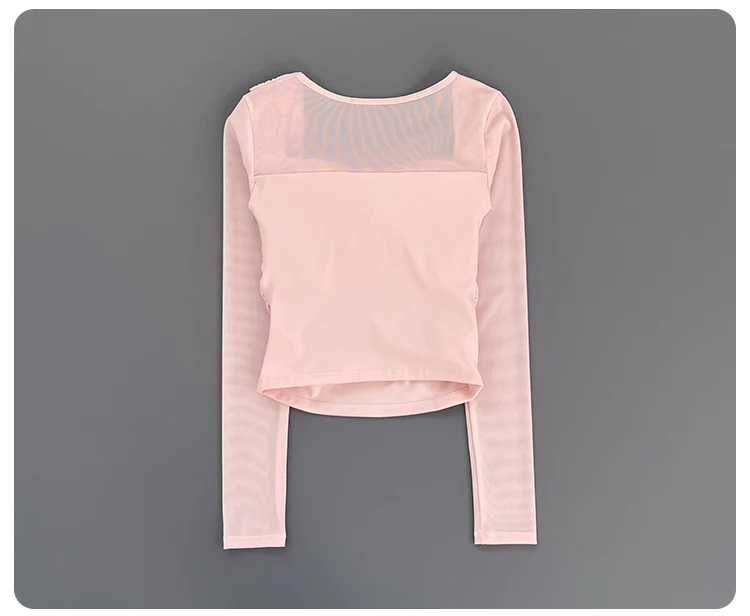 Women Square Neck Mesh Long Sleeve Yoga Top Shoulder Twist Side Ruched Soft Breathable Fitness Sports Tee ****