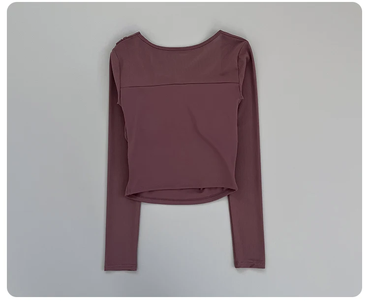 Women Square Neck Mesh Long Sleeve Yoga Top Shoulder Twist Side Ruched Soft Breathable Fitness Sports Tee ****