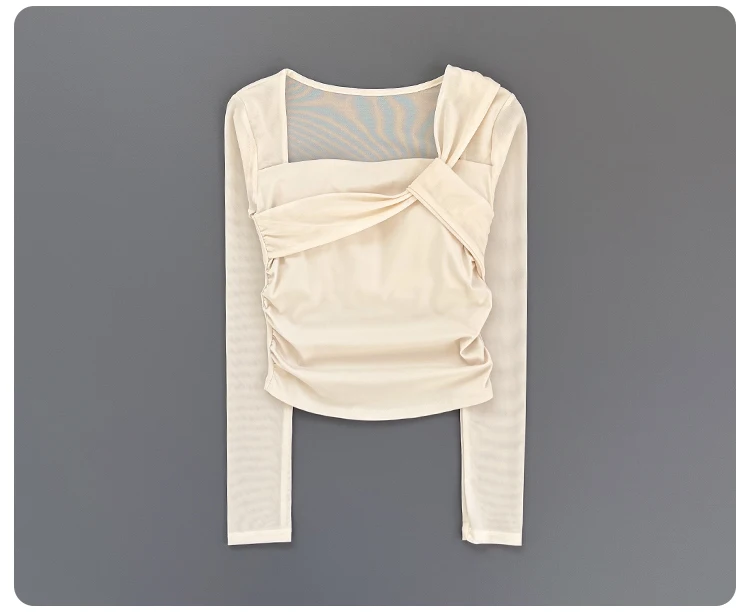 Women Square Neck Mesh Long Sleeve Yoga Top Shoulder Twist Side Ruched Soft Breathable Fitness Sports Tee ****