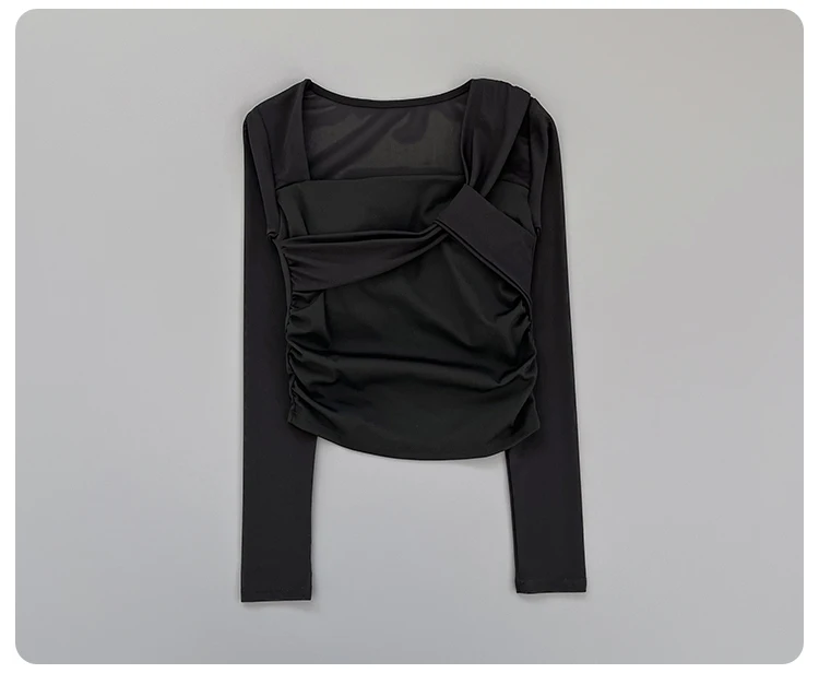 Women Square Neck Mesh Long Sleeve Yoga Top Shoulder Twist Side Ruched Soft Breathable Fitness Sports Tee ****