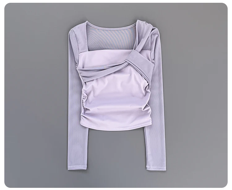 Women Square Neck Mesh Long Sleeve Yoga Top Shoulder Twist Side Ruched Soft Breathable Fitness Sports Tee ****