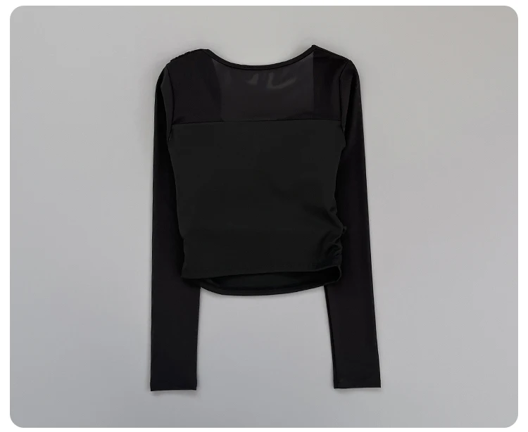 Women Square Neck Mesh Long Sleeve Yoga Top Shoulder Twist Side Ruched Soft Breathable Fitness Sports Tee ****