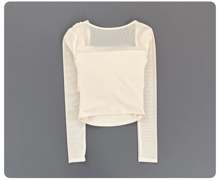 Women Square Neck Mesh Long Sleeve Yoga Top Shoulder Twist Side Ruched Soft Breathable Fitness Sports Tee ****