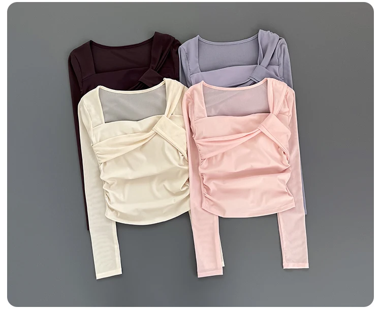 Women Square Neck Mesh Long Sleeve Yoga Top Shoulder Twist Side Ruched Soft Breathable Fitness Sports Tee ****