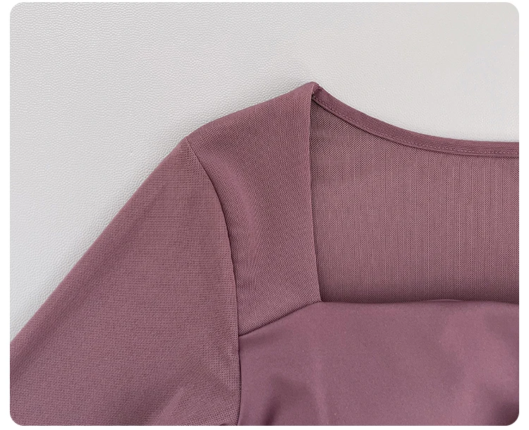 Women Square Neck Mesh Long Sleeve Yoga Top Shoulder Twist Side Ruched Soft Breathable Fitness Sports Tee ****