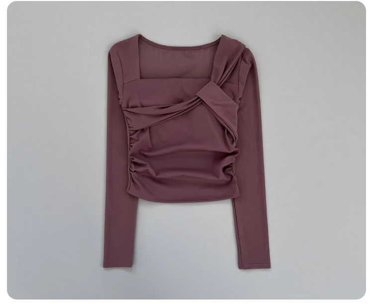 Women Square Neck Mesh Long Sleeve Yoga Top Shoulder Twist Side Ruched Soft Breathable Fitness Sports Tee ****