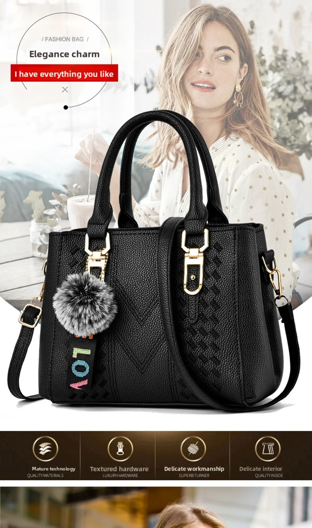 Korea Leather Women Handbag with Keychain Open Pocket Shoulder Bag Large Capacity Casual Messenger Bag Lady