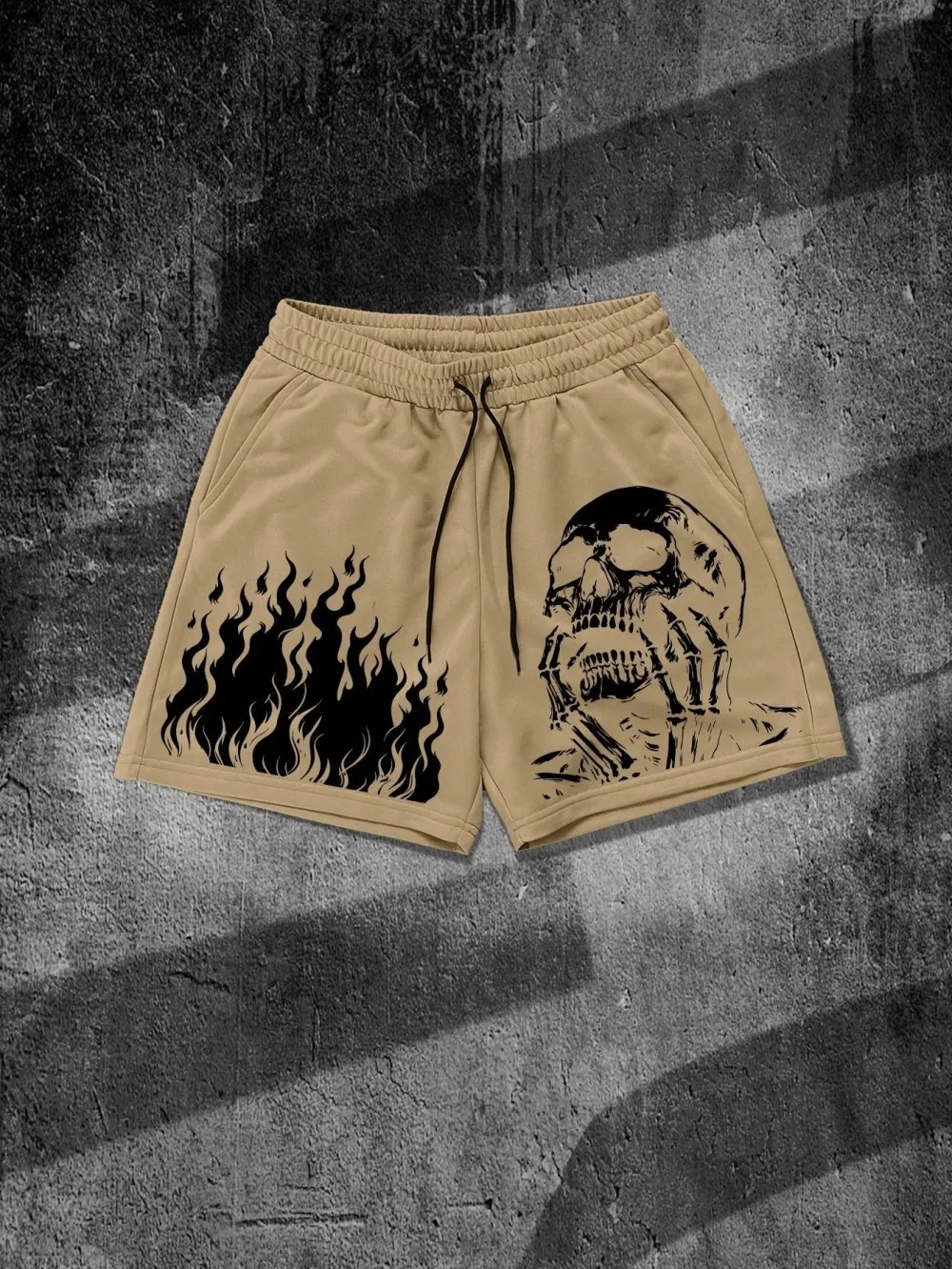 European and American Men's Summer Flame Skull Print Comfortable and Breathable Drawstring Shorts for Outdoor Leisure Vacation