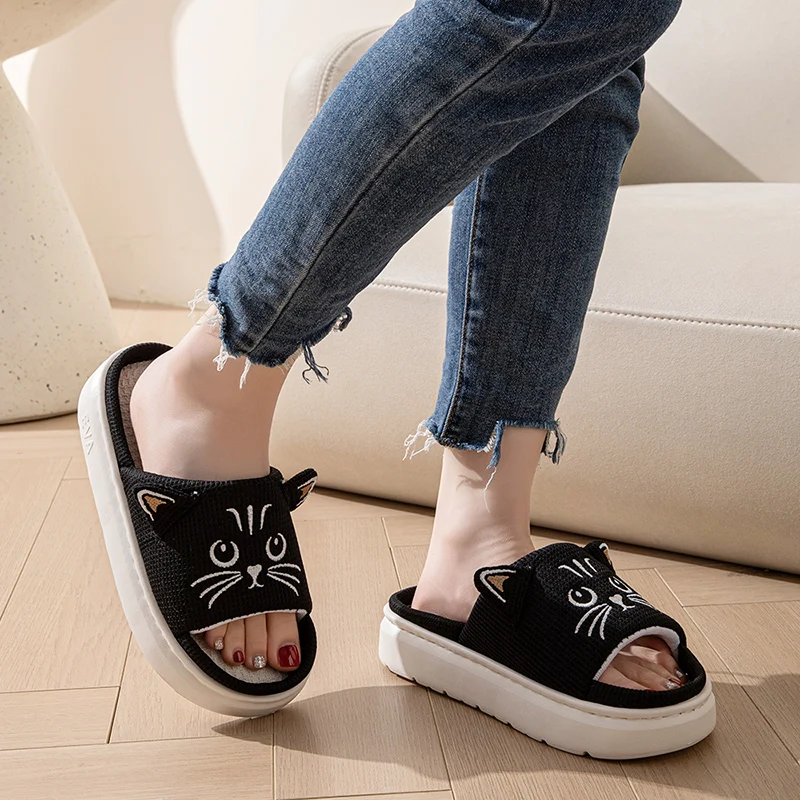 Platform Slippers Women Home Flat Spring Summer Cat Cartoon Designer Shoes Girl Trend Indoor Slides Soft Non-Slip Floor Open Toe