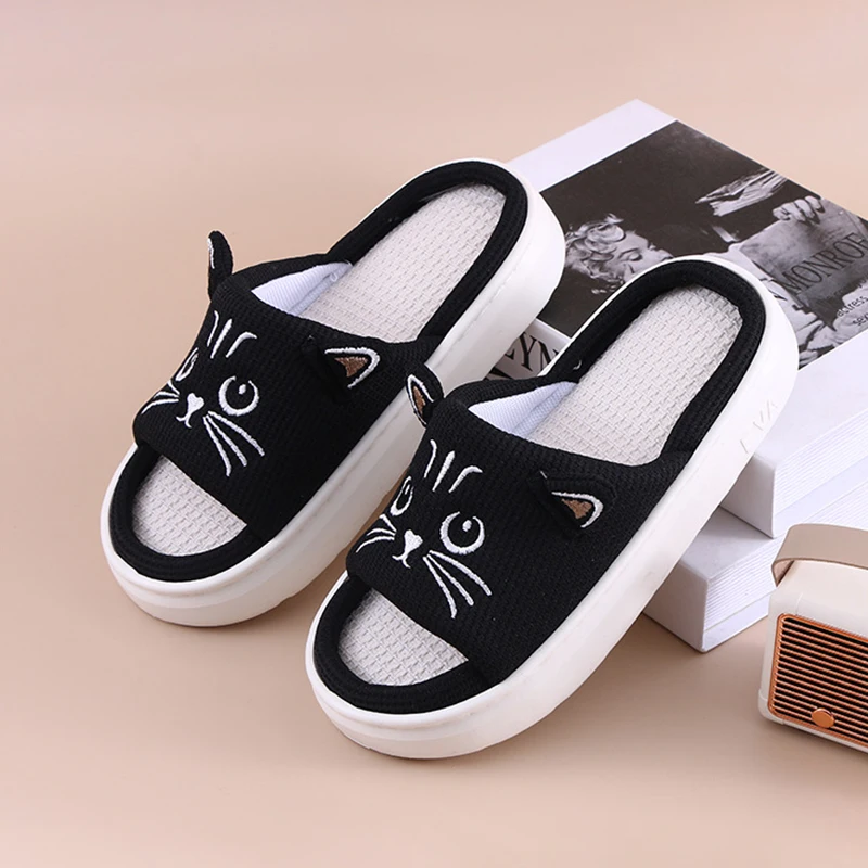 Platform Slippers Women Home Flat Spring Summer Cat Cartoon Designer Shoes Girl Trend Indoor Slides Soft Non-Slip Floor Open Toe