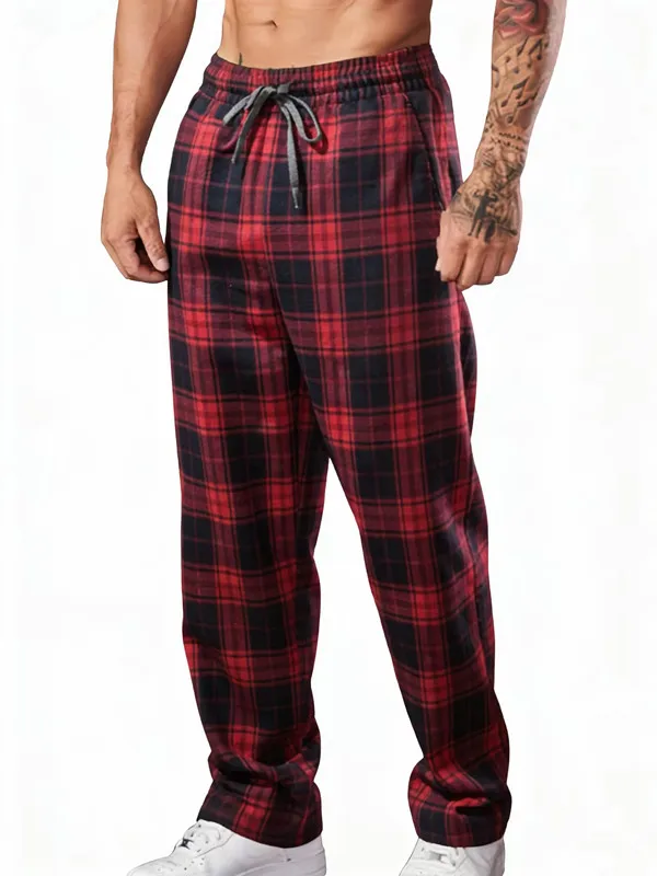 Red checkered straight leg pants men's spring new American high street sports pants casual slimming wide leg pants