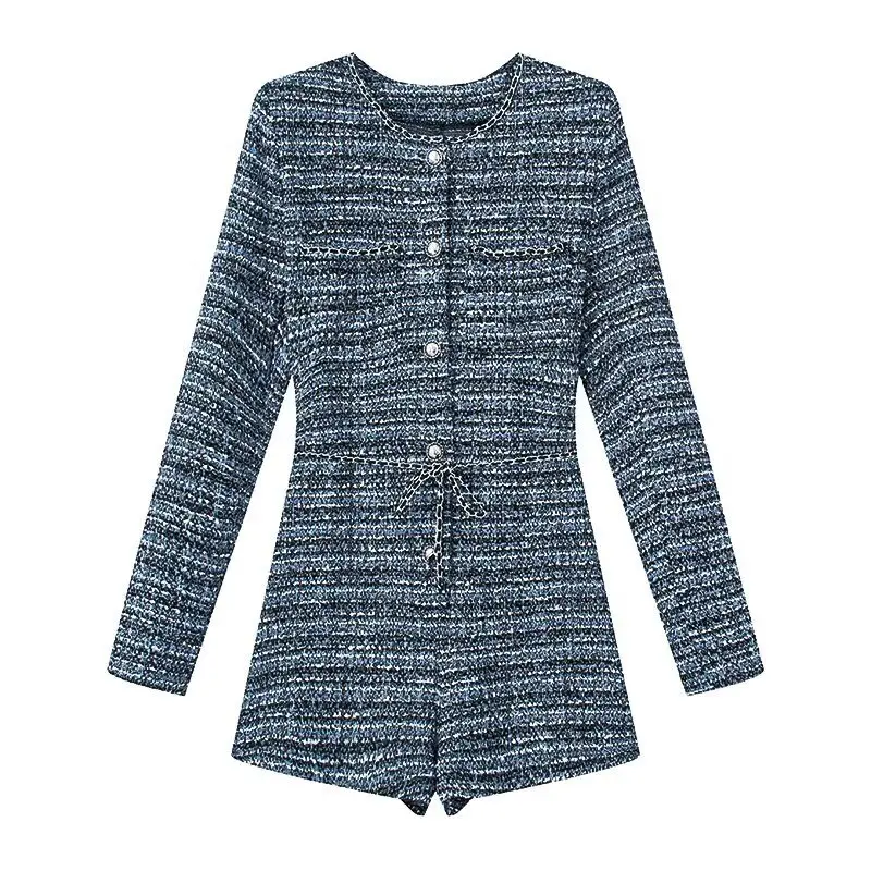 Spring Summer Women's Slim Fit Stretch Jumpsuit French Luxury Lady Style Tweed One Piece Outfit for Shopping & Daily Wear