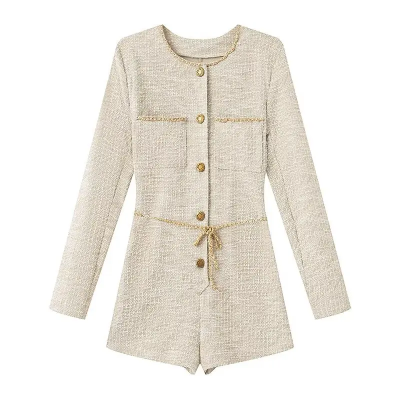Spring Summer Women's Slim Fit Stretch Jumpsuit French Luxury Lady Style Tweed One Piece Outfit for Shopping & Daily Wear