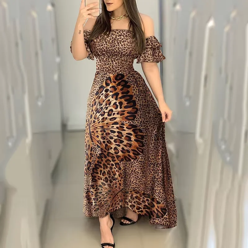 2026 Nieuwe Mode Luipaard Gewaad Afdrukken Lange Jurk Ruche Maxi Zonnejurk Bohemian Vrouwen Zomer Sexy Toevallige Elegante Strap