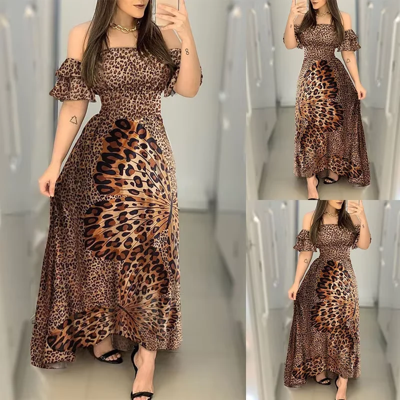 2026 Nieuwe Mode Luipaard Gewaad Afdrukken Lange Jurk Ruche Maxi Zonnejurk Bohemian Vrouwen Zomer Sexy Toevallige Elegante Strap
