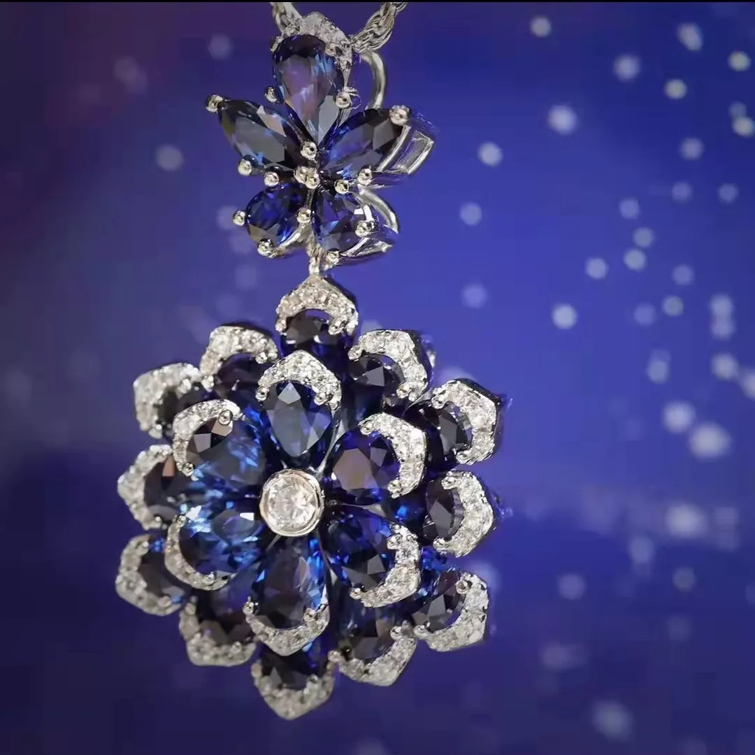 Foyejaf Floral Jewelry Set - Royal Blue Pendant Necklace Earrings And Ring Set Luxurious Floral Accessory Collection