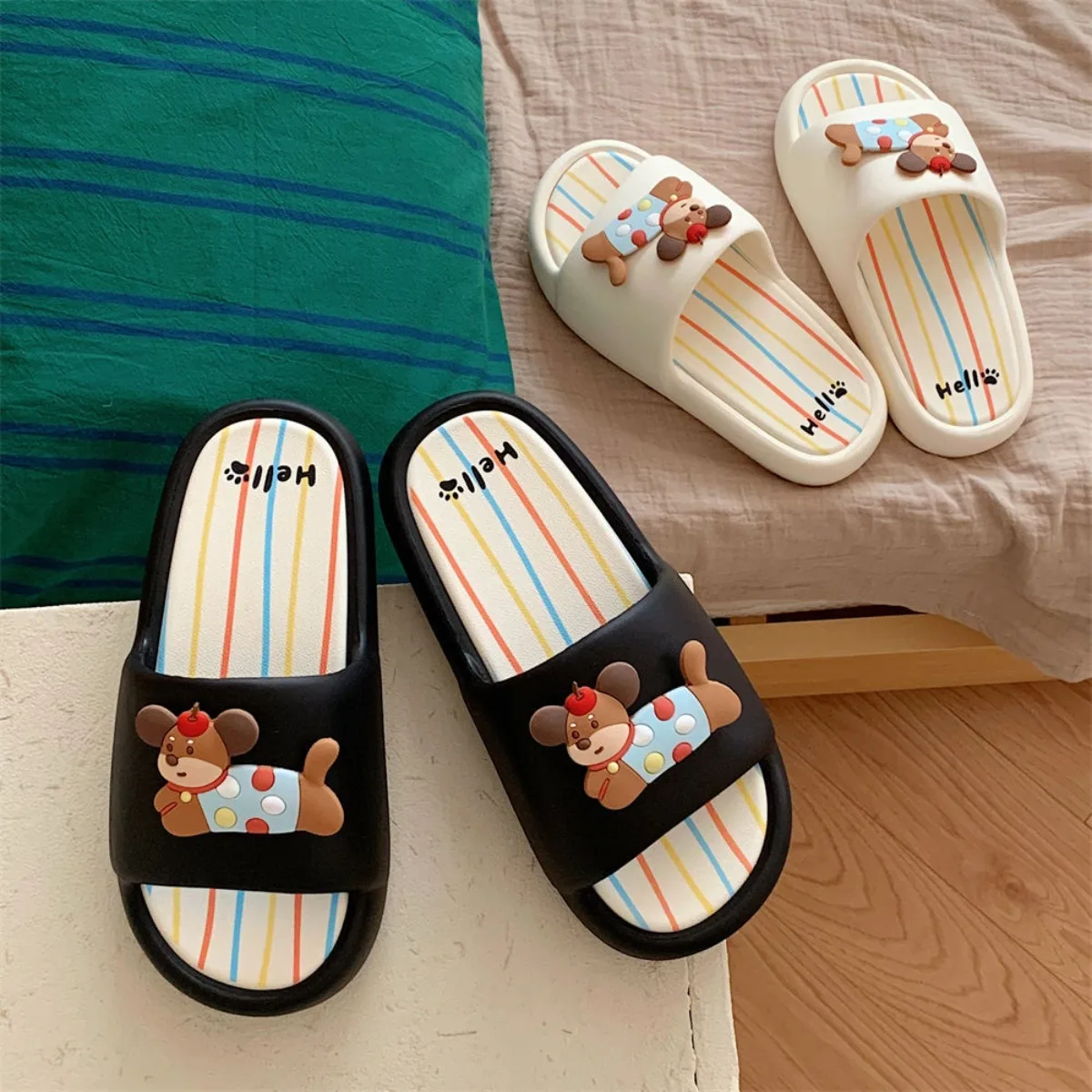Women Cute BathSlippers Capybara Decor Stripes Thick Soft-Sole Bathroom Beach Summer Couple Black White Casual Non-slip Home New