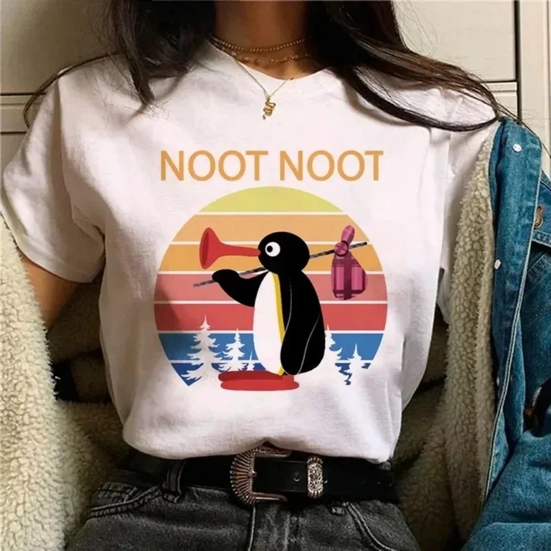 Funny Pingu Print Women's T-Shirt Unique Casual Cute Street Short-Sleeve T-Shirt Breathable Women's Top Kawaii Clothing