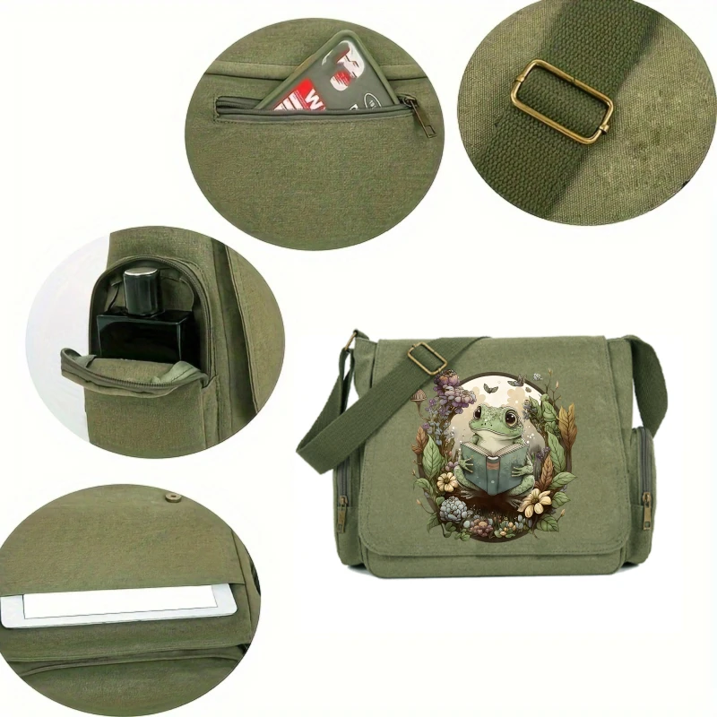 Vintage Womens Shoulder Bag Canvas Frog Print Large Capacity Crossbody Laptop Bag Daily Use Messenger Bag