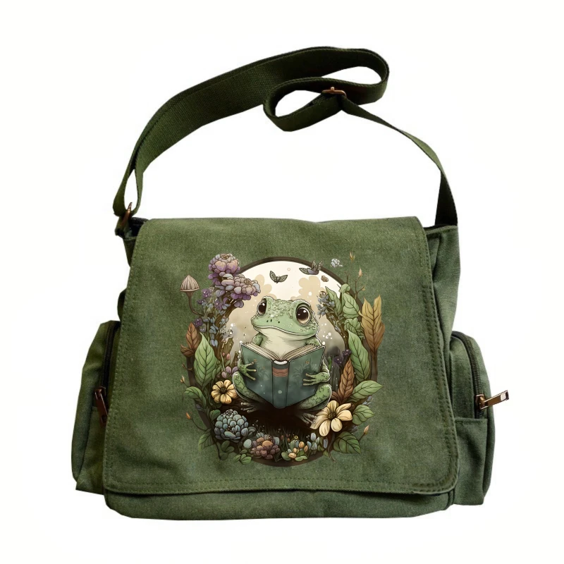 Vintage Womens Shoulder Bag Canvas Frog Print Large Capacity Crossbody Laptop Bag Daily Use Messenger Bag