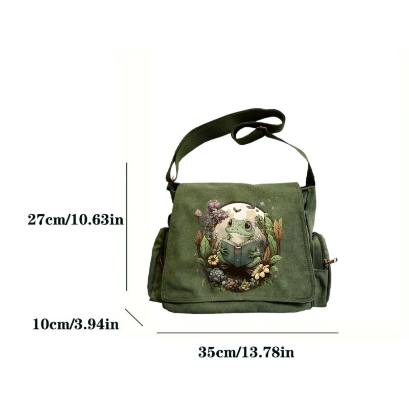 Vintage Womens Shoulder Bag Canvas Frog Print Large Capacity Crossbody Laptop Bag Daily Use Messenger Bag