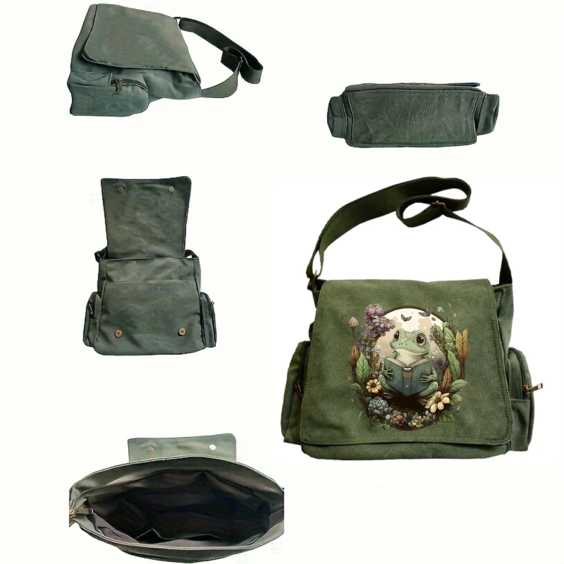Vintage Womens Shoulder Bag Canvas Frog Print Large Capacity Crossbody Laptop Bag Daily Use Messenger Bag