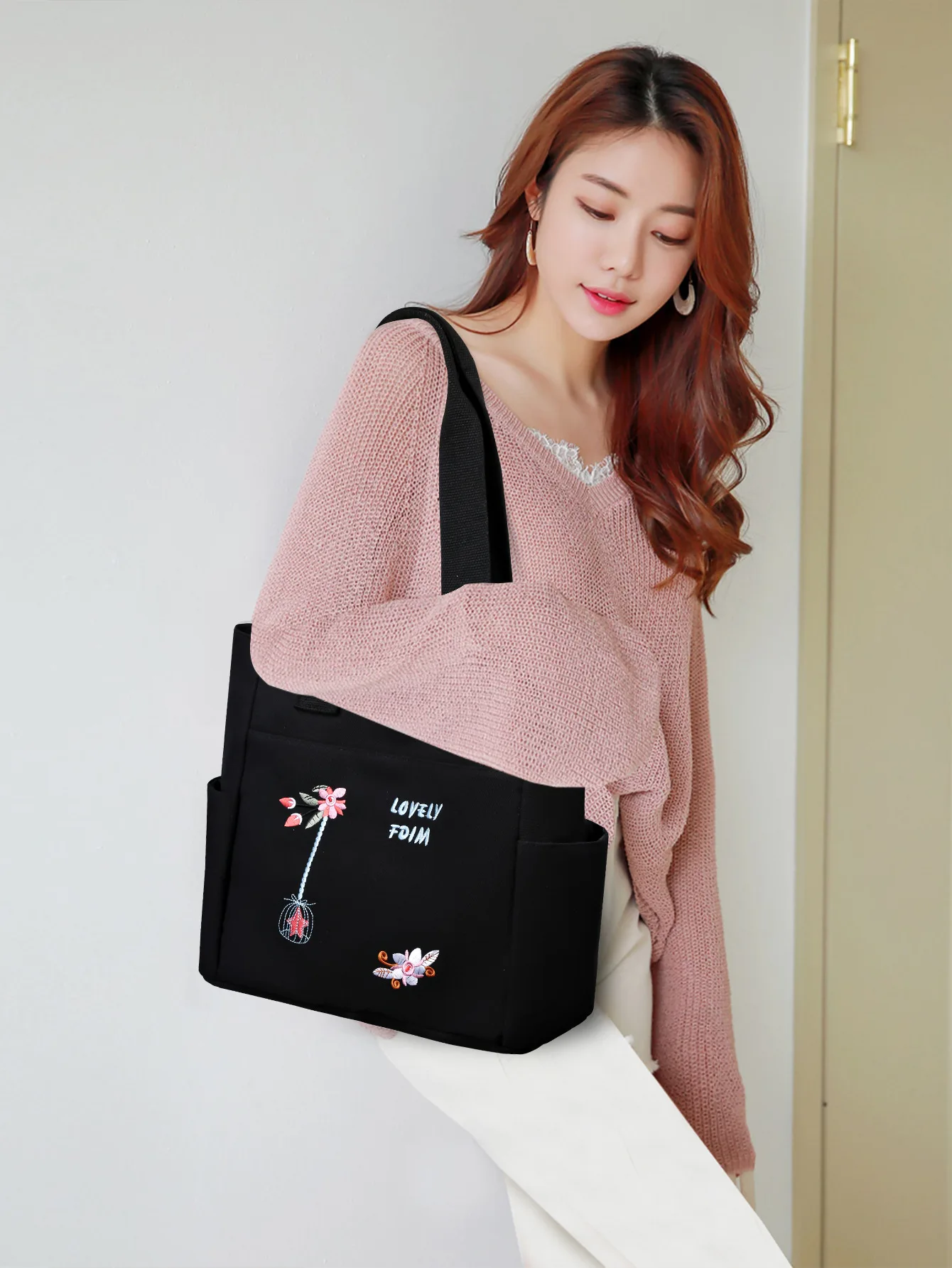 Women Oxford cloth Tote Bag Large Capacity Shoulder Bag Embroidery Handbag Multi Pocket Zipper Shopper School Bag Shopping Bag