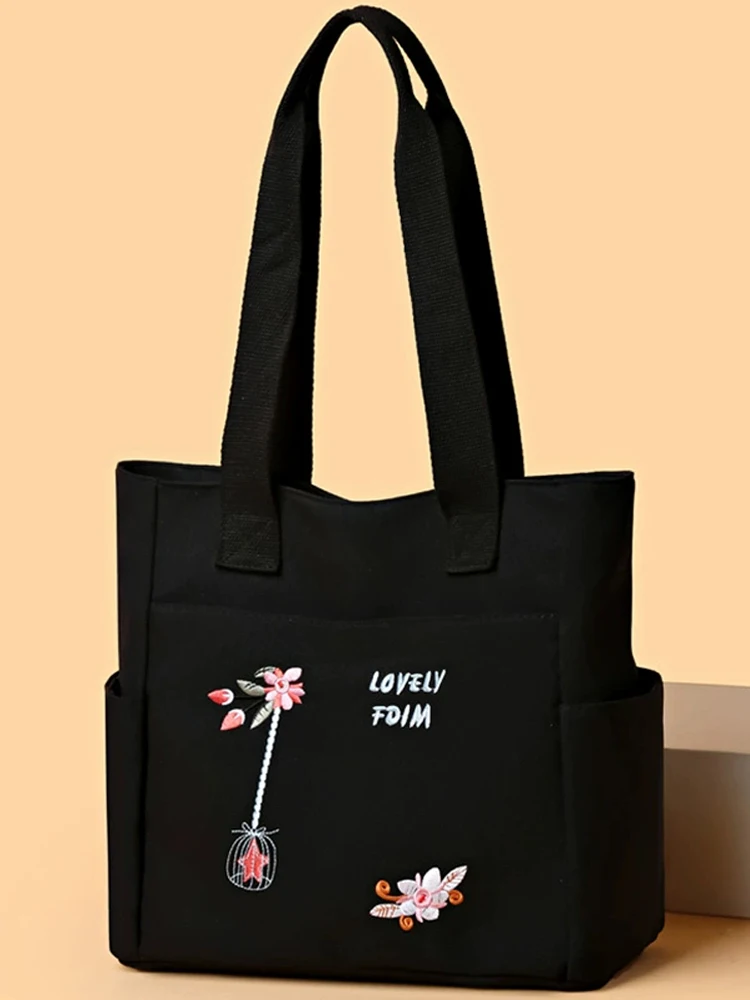Women Oxford cloth Tote Bag Large Capacity Shoulder Bag Embroidery Handbag Multi Pocket Zipper Shopper School Bag Shopping Bag