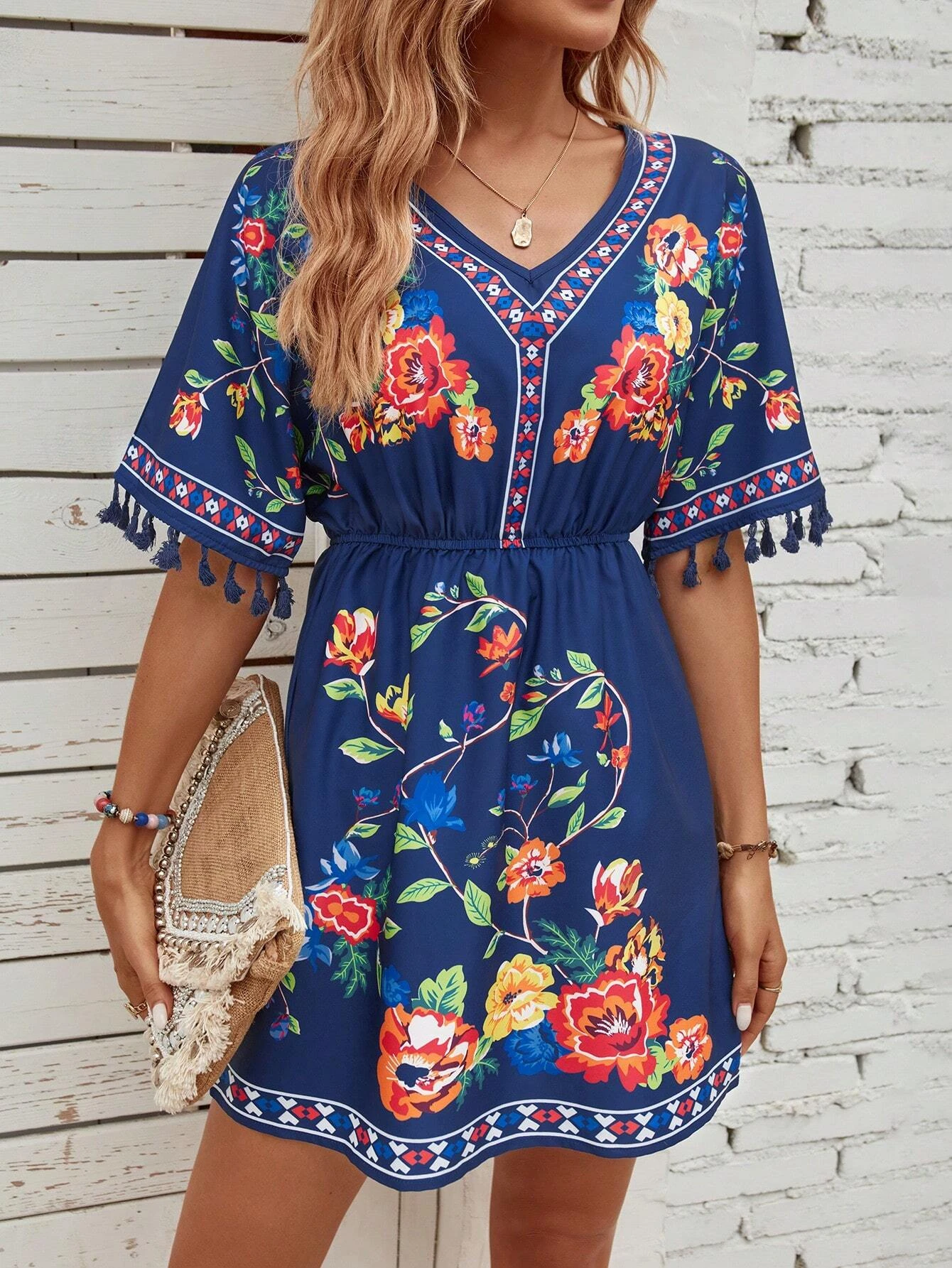 Summer Floral Print Fringe Sleeve Dress, Ethnic Vintage V Neck Short Sleeve Waist Cinching, Casual Vacation Wear