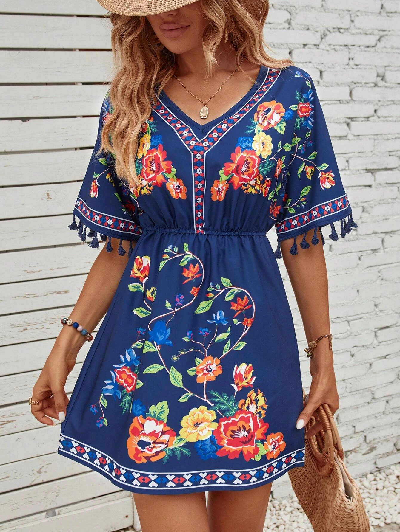 Summer Floral Print Fringe Sleeve Dress, Ethnic Vintage V Neck Short Sleeve Waist Cinching, Casual Vacation Wear