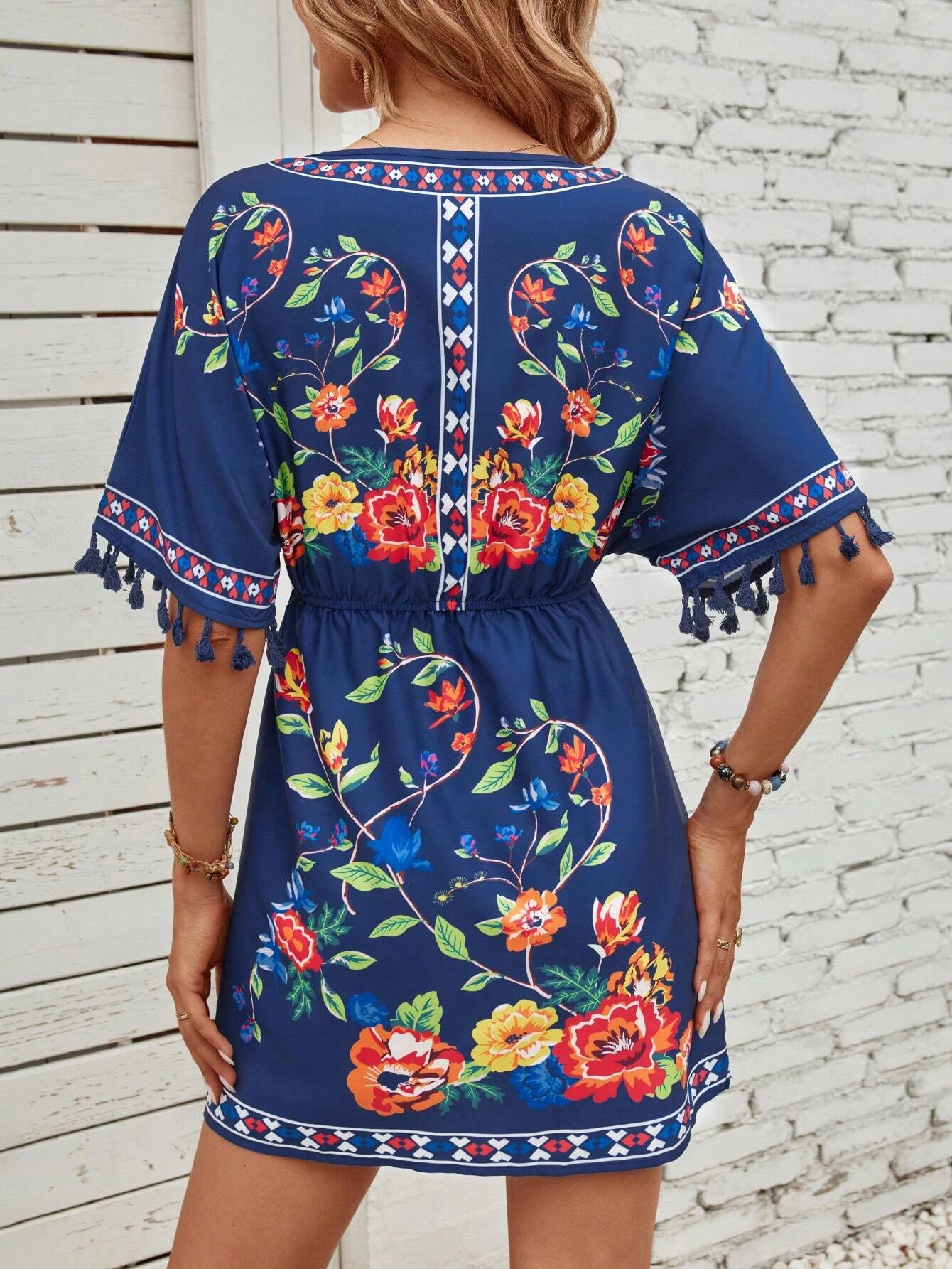 Summer Floral Print Fringe Sleeve Dress, Ethnic Vintage V Neck Short Sleeve Waist Cinching, Casual Vacation Wear