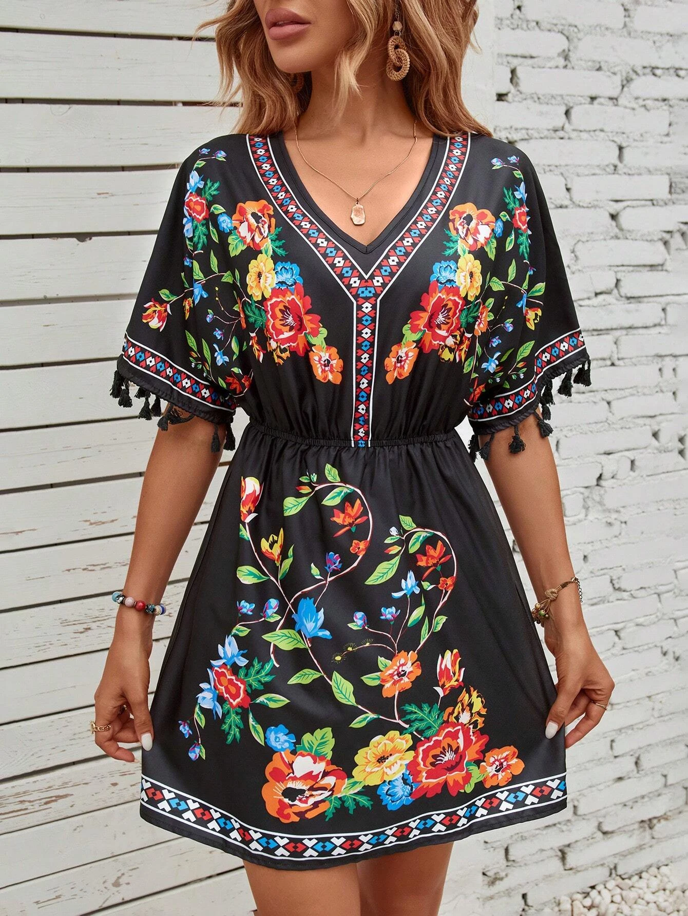 Summer Floral Print Fringe Sleeve Dress, Ethnic Vintage V Neck Short Sleeve Waist Cinching, Casual Vacation Wear