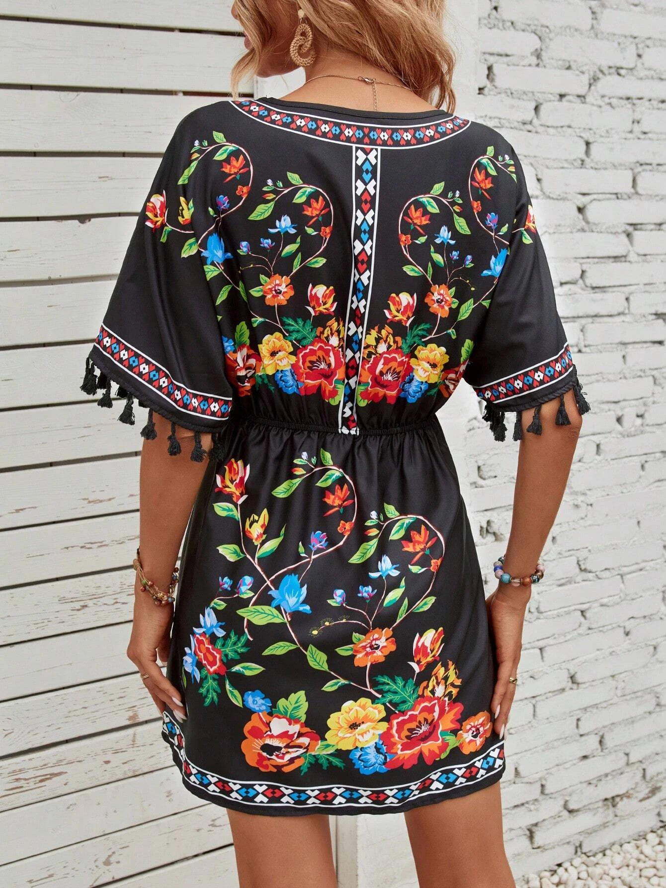 Summer Floral Print Fringe Sleeve Dress, Ethnic Vintage V Neck Short Sleeve Waist Cinching, Casual Vacation Wear