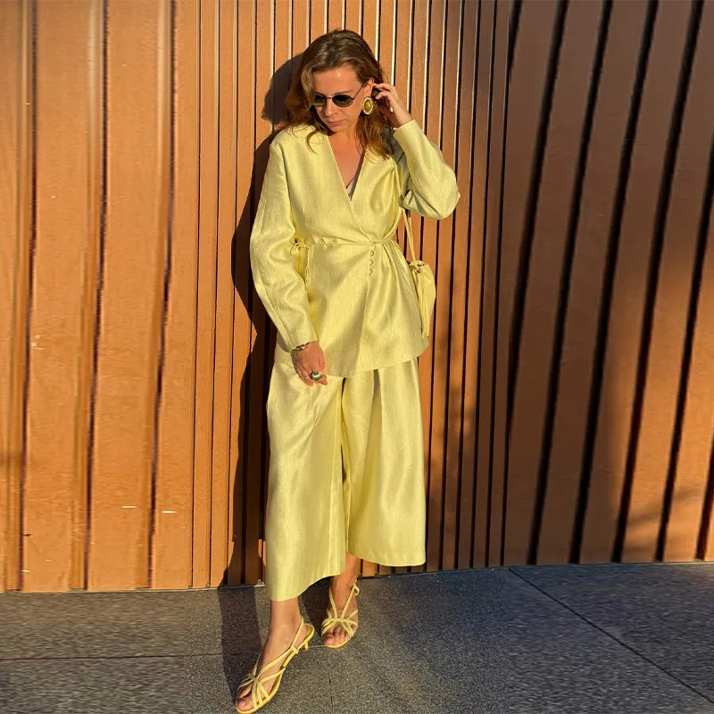 Women's Exquisite Luxury Satin Loose Jacket Wide Leg Pants Suit 2026 Casual Elegant V Neck Cinched Waist Jacket Chic Trouser Set
