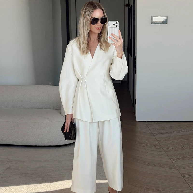 Women's Exquisite Luxury Satin Loose Jacket Wide Leg Pants Suit 2026 Casual Elegant V Neck Cinched Waist Jacket Chic Trouser Set