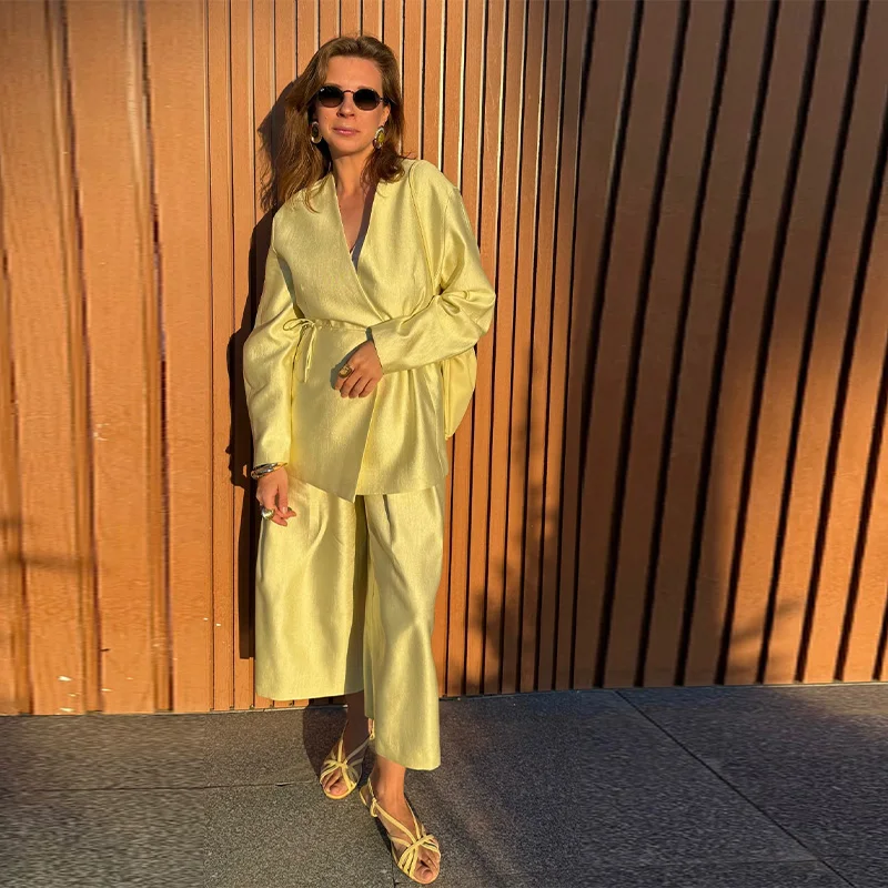 Women's Exquisite Luxury Satin Loose Jacket Wide Leg Pants Suit 2026 Casual Elegant V Neck Cinched Waist Jacket Chic Trouser Set