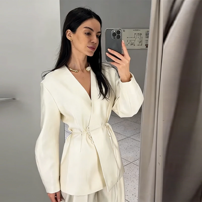 Women's Exquisite Luxury Satin Loose Jacket Wide Leg Pants Suit 2026 Casual Elegant V Neck Cinched Waist Jacket Chic Trouser Set